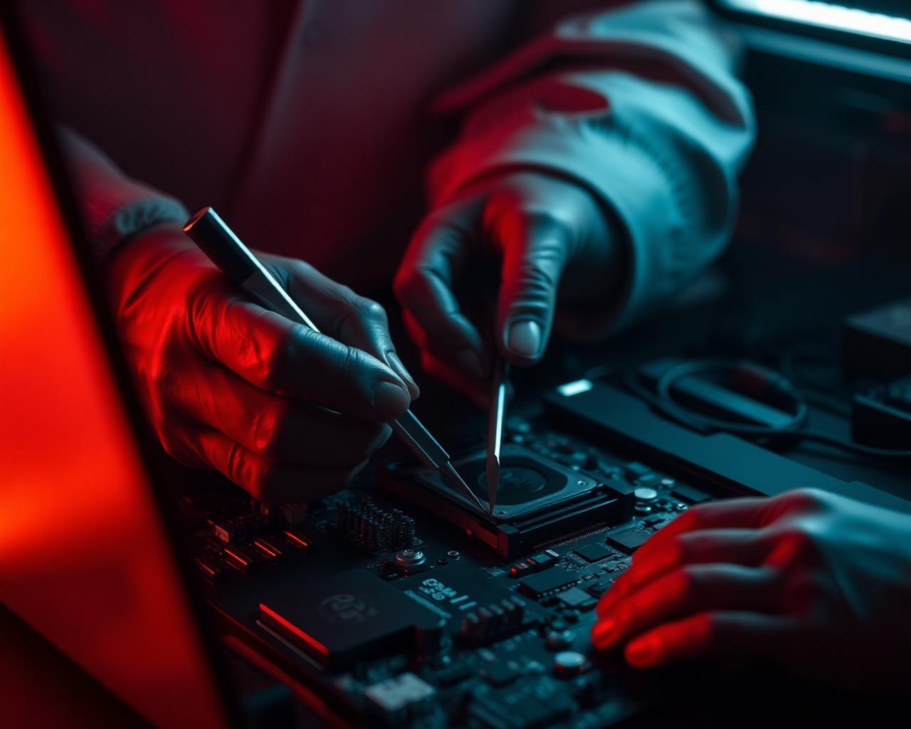 Technician repairing laptop motherboard